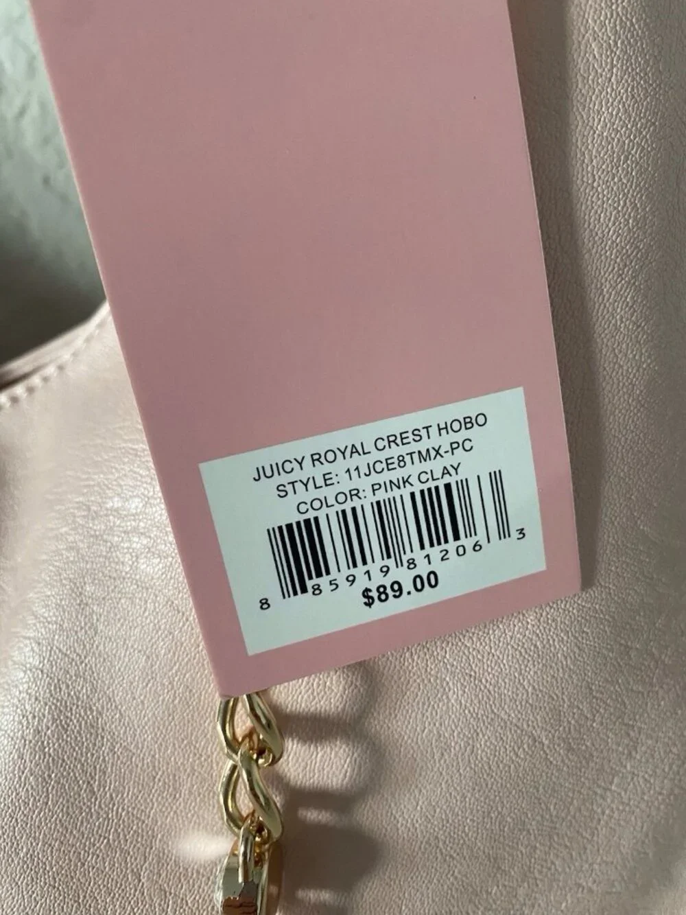 Juicy Couture Juicy Royal Crest Hobo Shoulder Bag Pink Clay W/Chain J Charm NEW